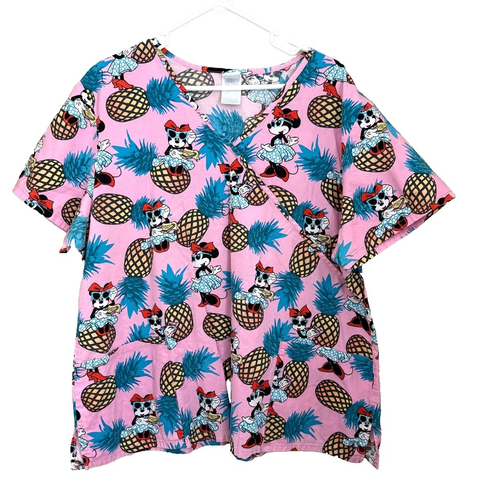 Disney Minnie Mouse Tropical Pineapple Scrub Top Mock Wrap Pink Blue Women's 2XL